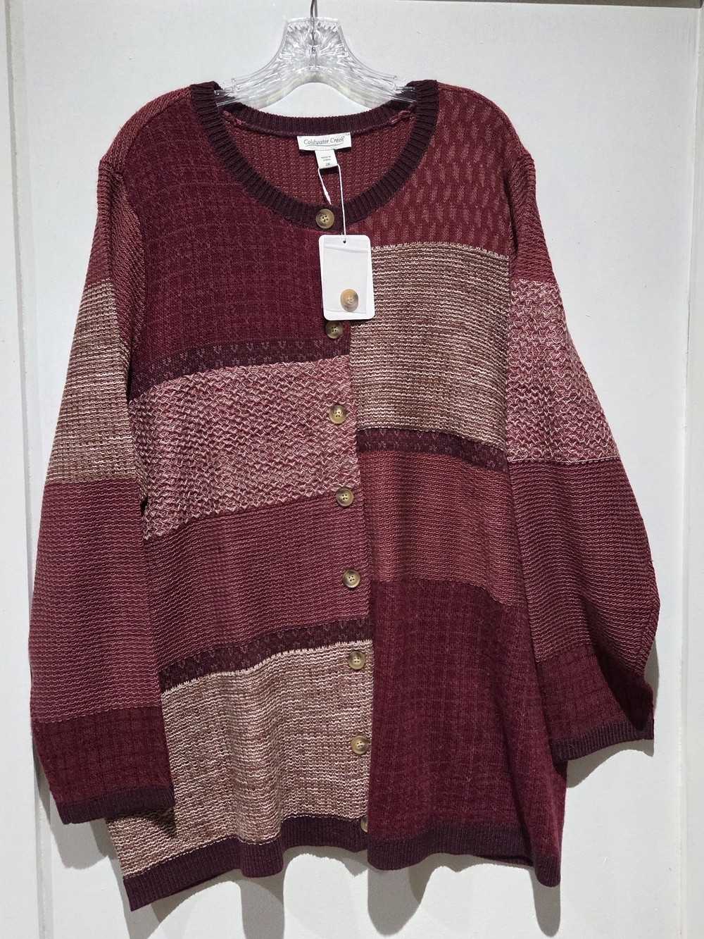 Coldwater Creek Patchwork Button-Front Cardigan - Burgundy